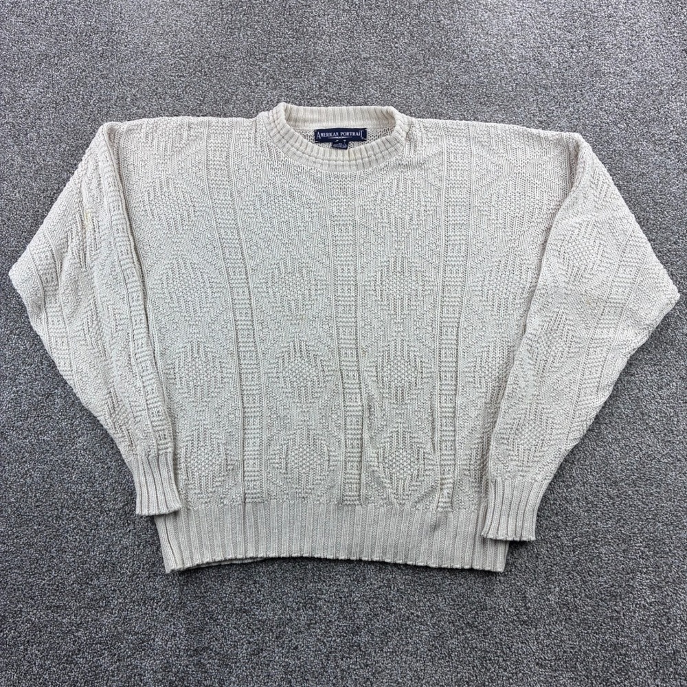 Vintage American Portrait Sweater Mens XL Cream Cotton Textured Knit USA Made